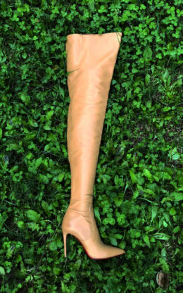 OBL-T-23993（二手）卡其色小尖头高品质混种羊皮大膝靴