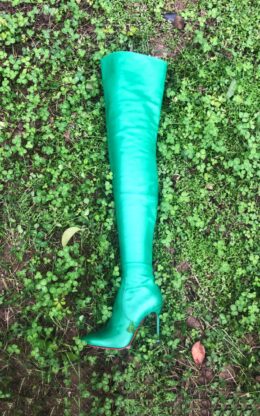 60%新现货OBL-T-23965  37绿色高品质牛皮10CM细跟小尖头大腿靴