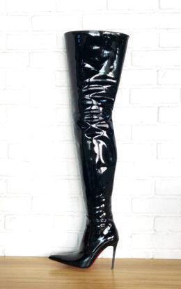 90%新现货 OBL-T-2416  39码黑色无弹力漆皮11cm高跟长尖头大腿靴