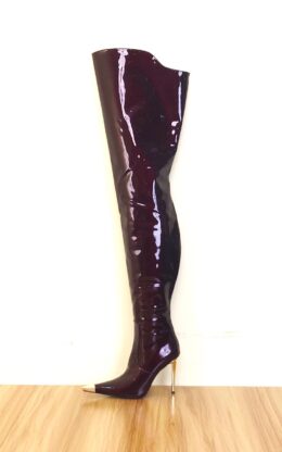 99%新现货 OBL-T-2437 40码 酒红色珠光漆皮11cm高跟长尖头大腿靴