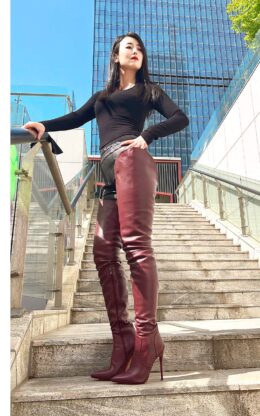 90%新现货OBL-S-2348 38码酒红色混种羊皮12cm高跟 贝壳及臀靴