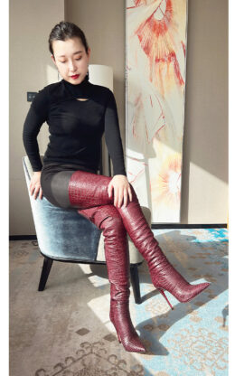 90%新现货OBL-T-2398 38码棕红色高品质牛皮12cm高跟小尖头大腿靴