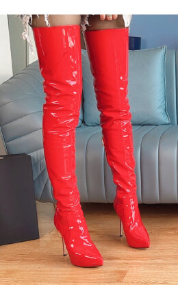 80%新现货 OBL-T-2420 39码红色镜面漆皮 12cm高跟小尖头大腿靴