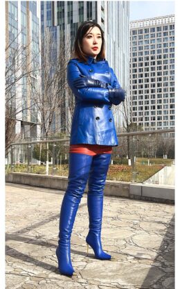 90%新现货OBL-T-2418 40码蓝色混种羊皮11cm高跟金属长尖头大腿靴