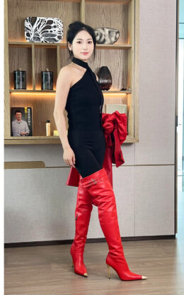 全新现货OBL-TB-2522 39码红色高品质头层牛皮11cm长尖头大膝靴