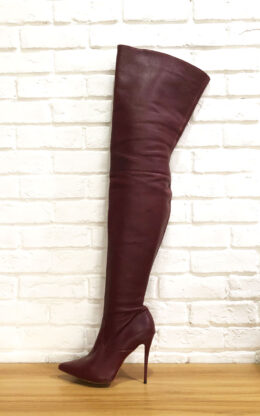 90%新现货互联网品牌 40码酒红色柔软肉感羊皮 12cm小尖头大腿靴
