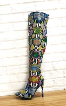 90%新现货互联网品牌 37码五花色蛇皮压纹 11cm小尖头大腿靴