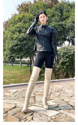 90%新现货OBL-T-2546 39码米白色高品质弹力羊皮10公分小尖头大腿靴