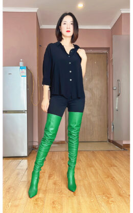 70%新现货互联网品牌 37码绿色柔软肉感羊皮 10cm小尖头大腿靴