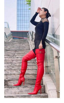 90%新现货OBL-TB-2440 40码红色新芬达山羊皮11cm长尖头大腿靴