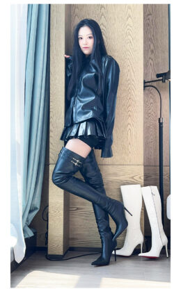 90%新现货OBL-TB-2542 38码黑色高品质混种羊皮11cm长尖头大腿靴