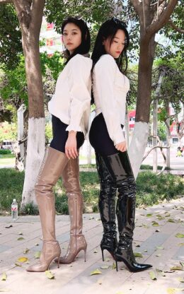 90%新现货OBL-T-23998 39码浅棕色弹力漆皮10cm小尖头大腿靴