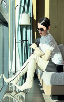 90%新现货OBL-T-2433 39码白色高品质混种羊皮11cm长尖头大腿靴