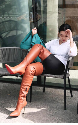 90%新现货互联网品牌 40码浅棕红色高品质混种羊皮12公分大腿靴