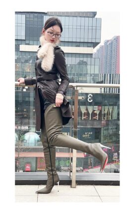 90%新现货OBL-S-2568 39码墨绿色混种羊皮11cm长尖头大腿靴