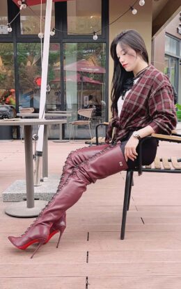 90%新现货OBL-T-2442  40码酒红色混种羊皮12cm小尖头长系带大腿靴