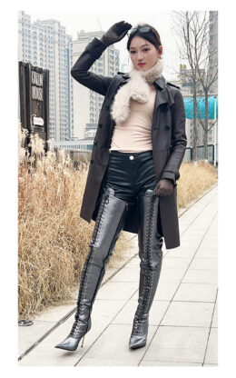 90%新现货OBL-T-2560 39码金属色混种羊皮 11cm细跟长系带大腿靴