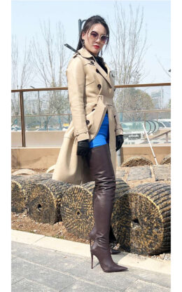 90%新现货OBL-T-2595 39码棕灰色混种羊皮12cm长尖头大腿靴