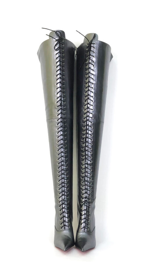 90%新现货OBL-T-2560 39码金属色混种羊皮 11cm细跟长系带大腿靴 - 图片 4