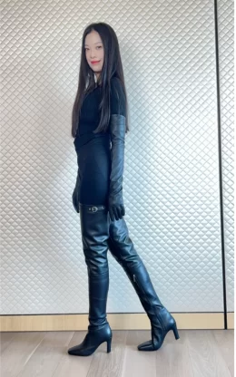 80%新现货OBL-TB-2572 38码黑色混种羊皮 8cm平直鞋头皮带扣大腿靴