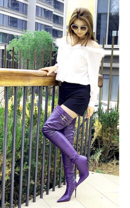 75%新现货OBL-TB-2598  39码紫色混种羊皮11公分细跟双皮带扣大腿靴